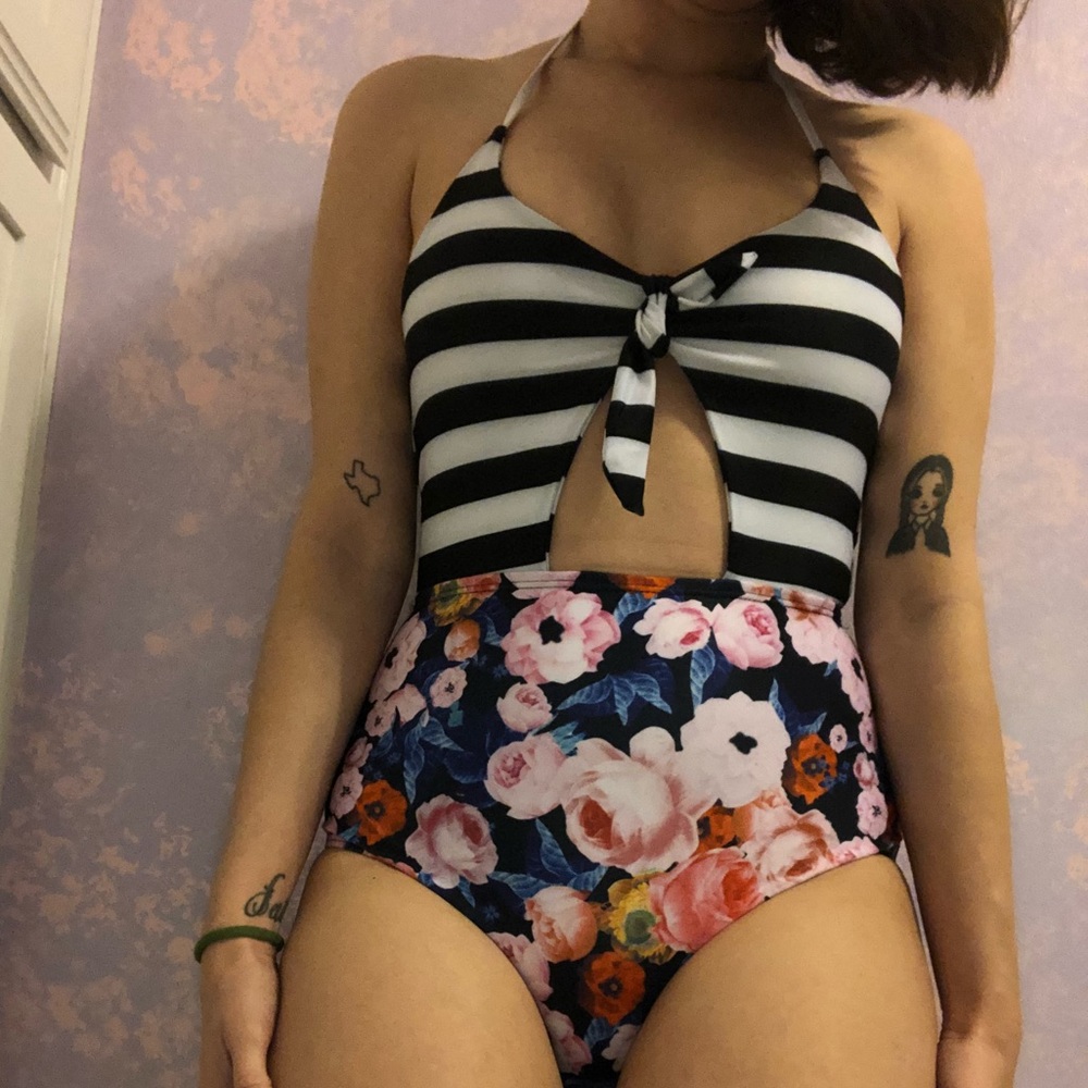 Floral/Striped Cutout One Piece Swimsuit